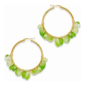 Raw Gold Hoop Earrings with Green Beads